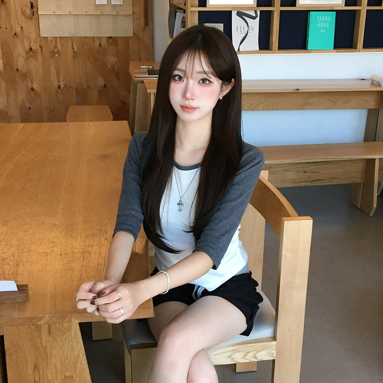 [7부기장/얇은소재감~] 한여름까지, 꾸안꾸 종결 스머프 라운드 나그랑 배색 여름 반팔 7부 긴팔 티셔츠, 데일리 긴팔티, 레이어드 배색 상의, 세미 크롭 반팔티 4color 차콜
