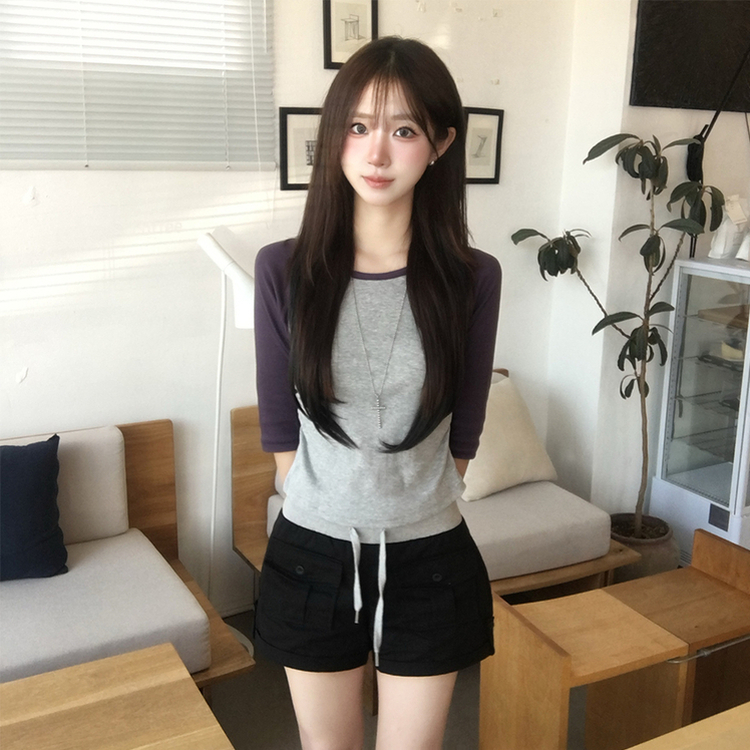 [7부기장/얇은소재감~] 한여름까지, 꾸안꾸 종결 스머프 라운드 나그랑 배색 여름 반팔 7부 긴팔 티셔츠, 데일리 긴팔티, 레이어드 배색 상의, 세미 크롭 반팔티 4color 퍼플