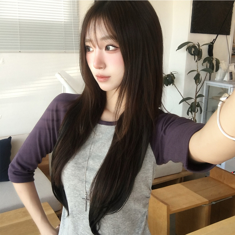 [7부기장/얇은소재감~] 한여름까지, 꾸안꾸 종결 스머프 라운드 나그랑 배색 여름 반팔 7부 긴팔 티셔츠, 데일리 긴팔티, 레이어드 배색 상의, 세미 크롭 반팔티 4color 퍼플