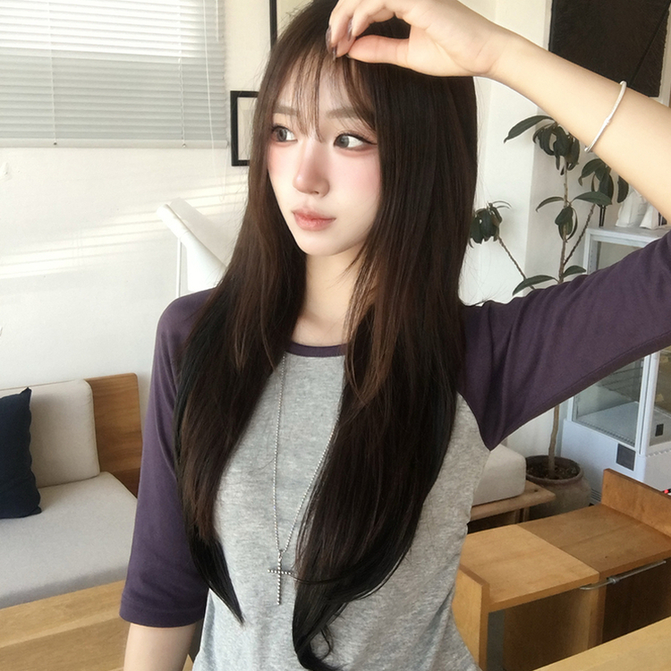 [7부기장/얇은소재감~] 한여름까지, 꾸안꾸 종결 스머프 라운드 나그랑 배색 여름 반팔 7부 긴팔 티셔츠, 데일리 긴팔티, 레이어드 배색 상의, 세미 크롭 반팔티 4color 퍼플