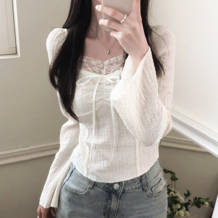 シャーリングレースクロップドブラウス WHITE