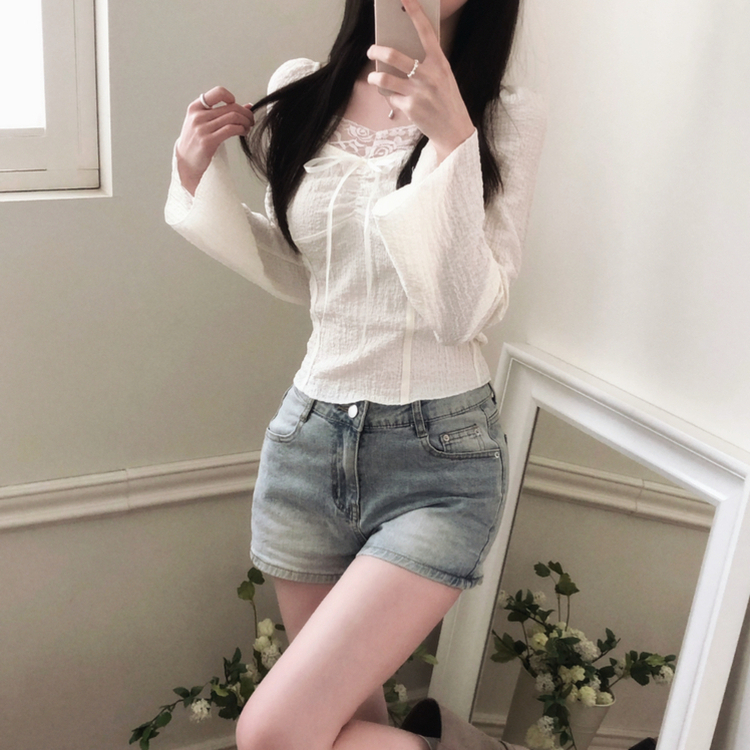 シャーリングレースクロップドブラウス WHITE
