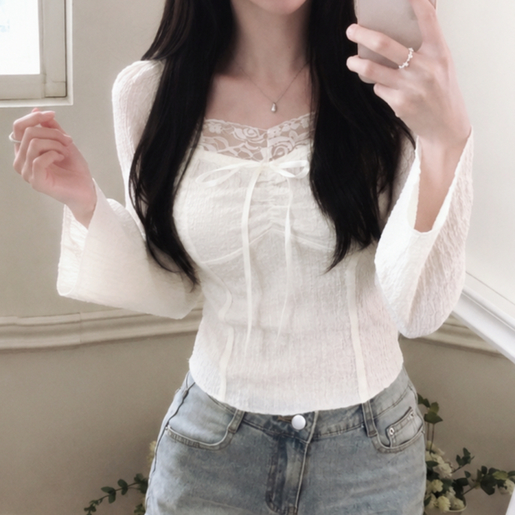 シャーリングレースクロップドブラウス WHITE