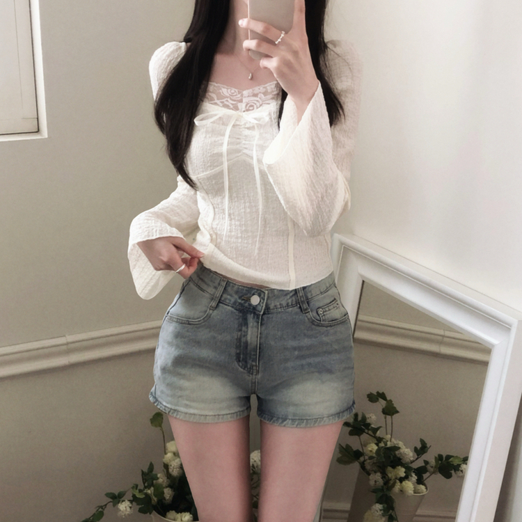 シャーリングレースクロップドブラウス WHITE