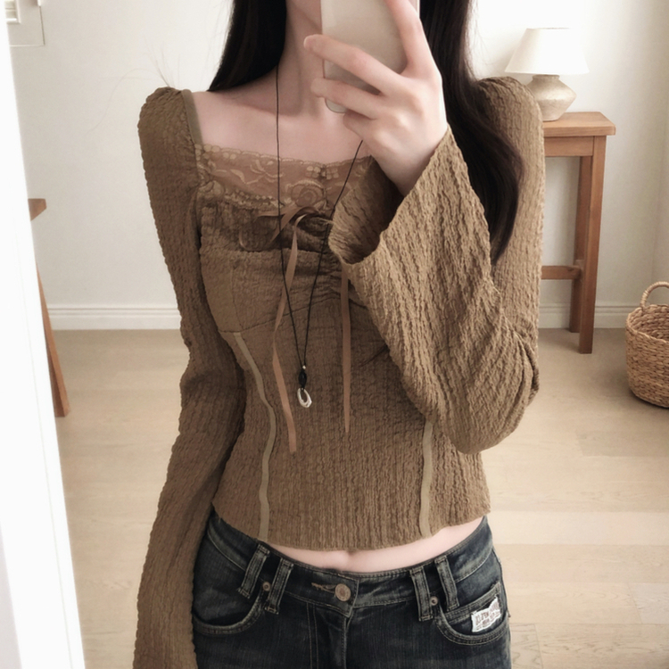 シャーリングレースクロップドブラウス BROWN