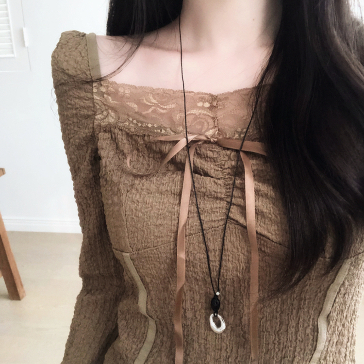 シャーリングレースクロップドブラウス BROWN