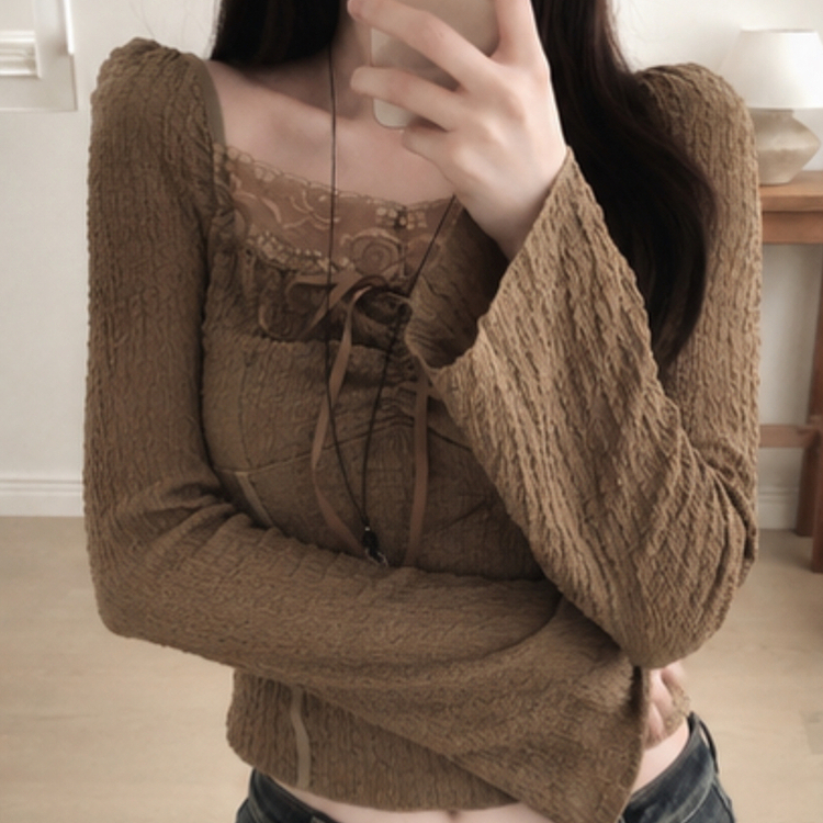 シャーリングレースクロップドブラウス BROWN