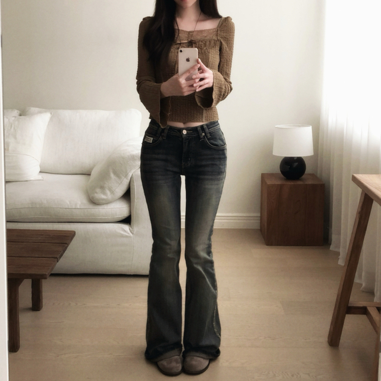 シャーリングレースクロップドブラウス BROWN