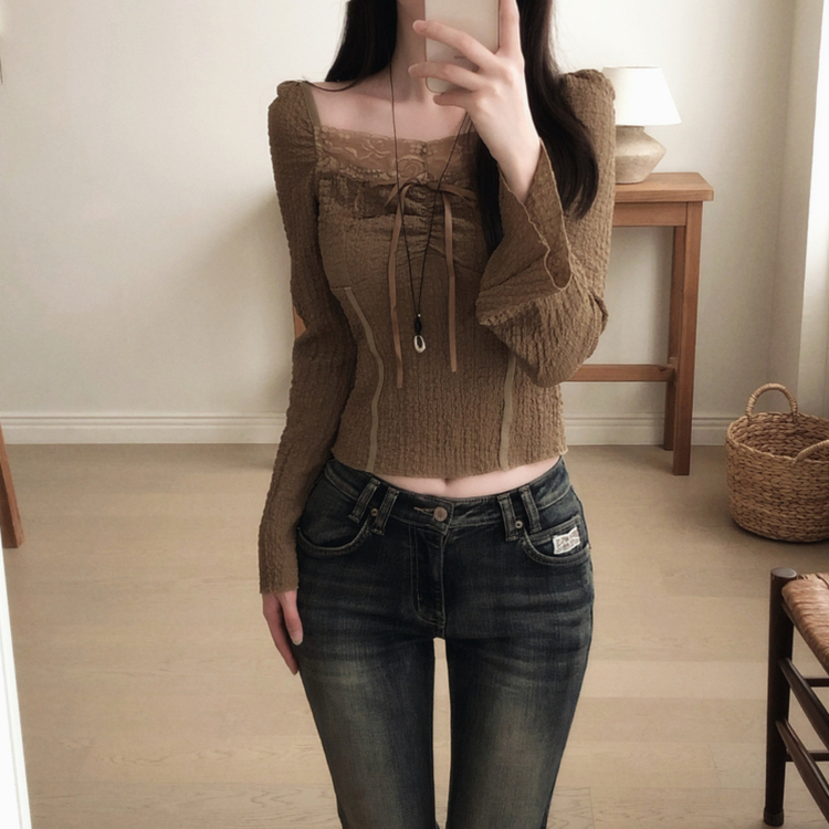 シャーリングレースクロップドブラウス BROWN