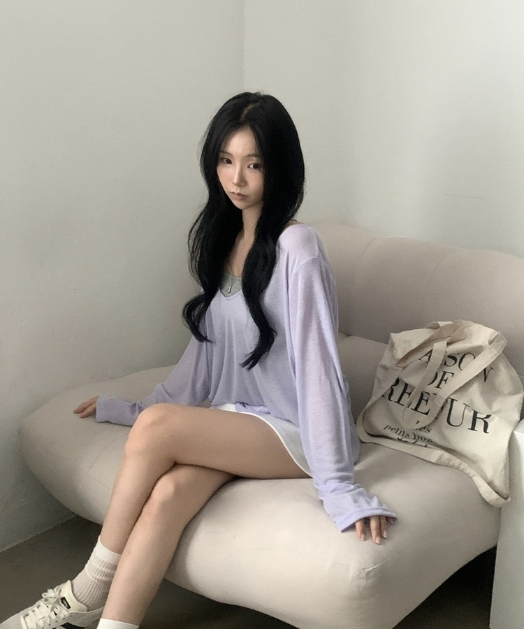 スラブシアーディープVネック長袖Tシャツ(6color) LIGHT PURPLE