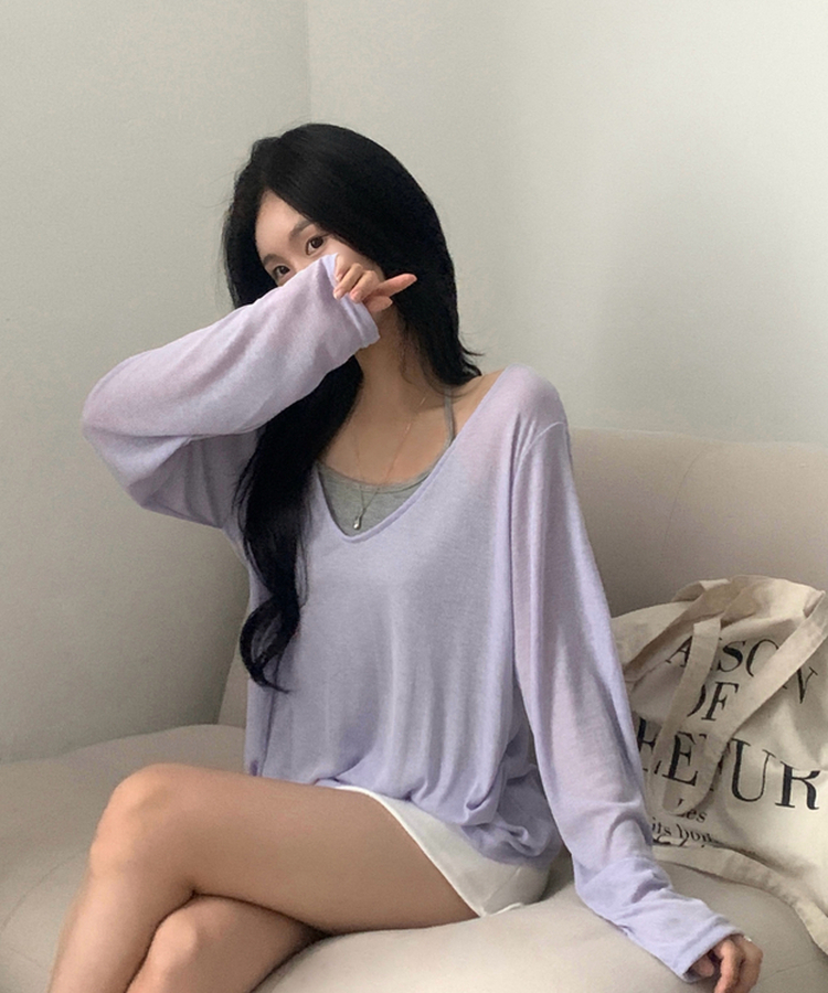 スラブシアーディープVネック長袖Tシャツ(6color) LIGHT PURPLE