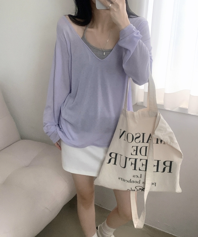 スラブシアーディープVネック長袖Tシャツ(6color) LIGHT PURPLE