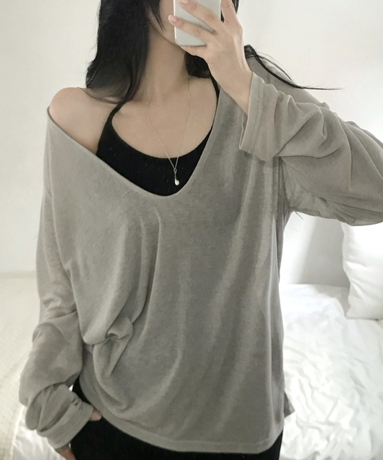 スラブシアーディープVネック長袖Tシャツ(6color) LIGHT GRAY