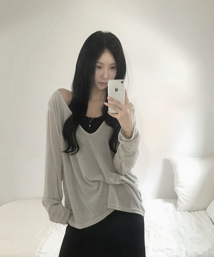 スラブシアーディープVネック長袖Tシャツ(6color) LIGHT GRAY
