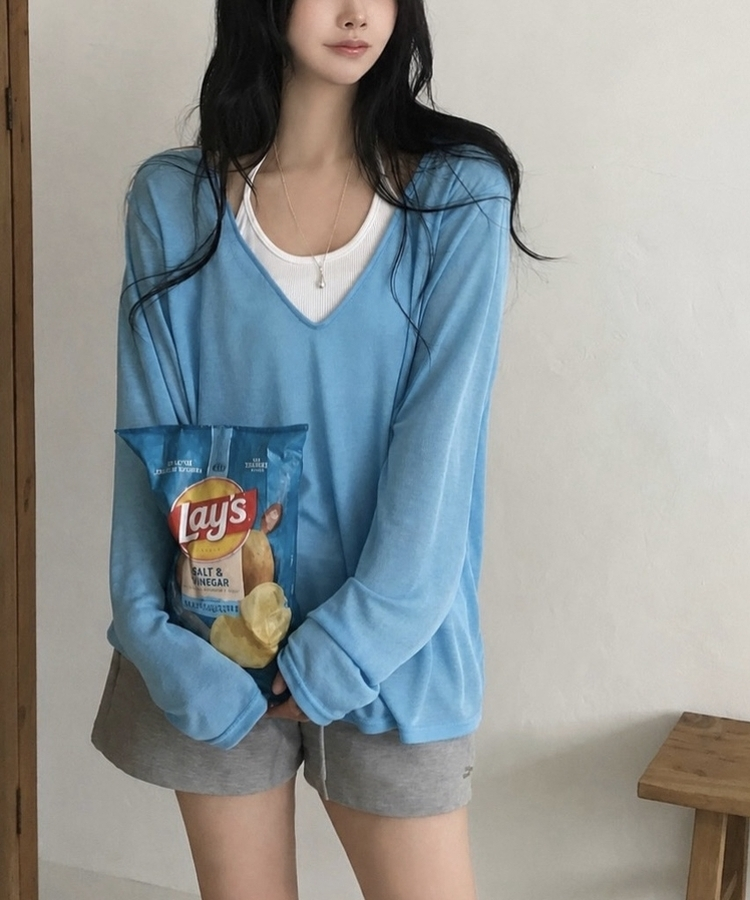スラブシアーディープVネック長袖Tシャツ(6color) SKY BLUE
