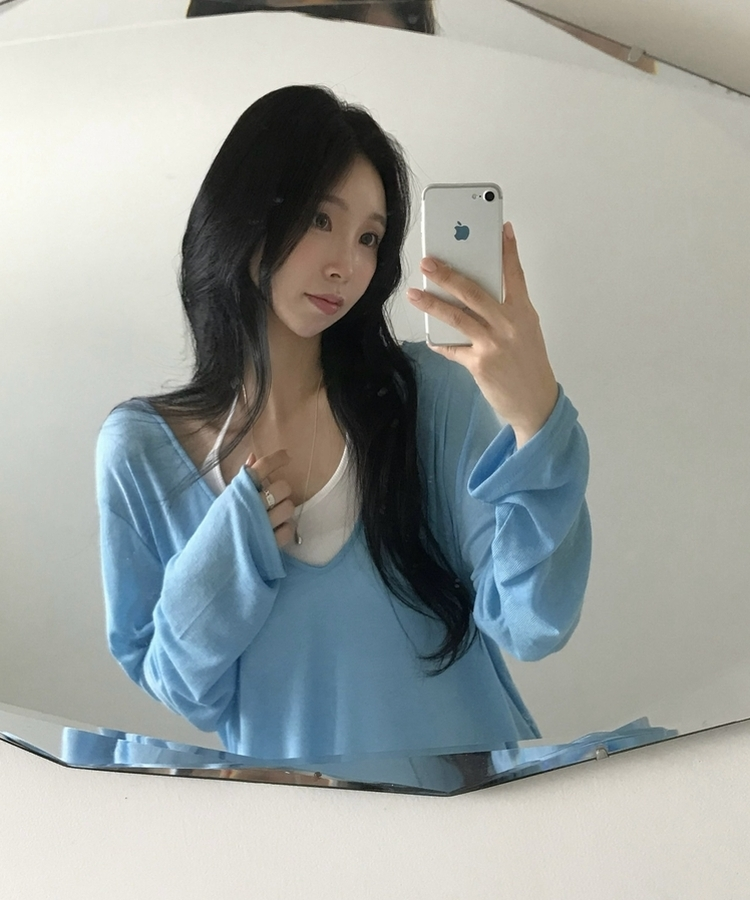 スラブシアーディープVネック長袖Tシャツ(6color) SKY BLUE
