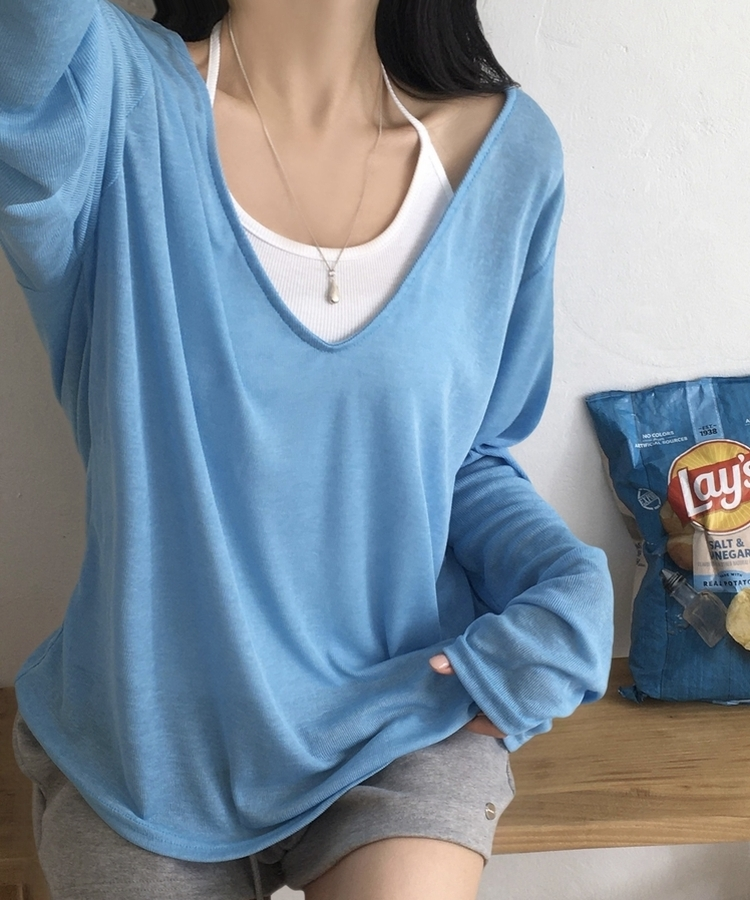 スラブシアーディープVネック長袖Tシャツ(6color) SKY BLUE