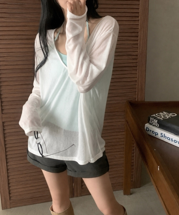 スラブシアーディープVネック長袖Tシャツ(6color) IVORY