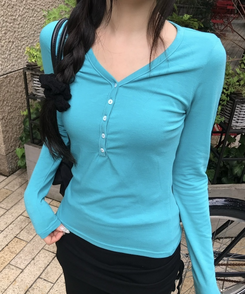 브이넥 헨리 긴팔티 민트