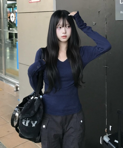브이넥 커프스 버튼 탑(7color) 네이비