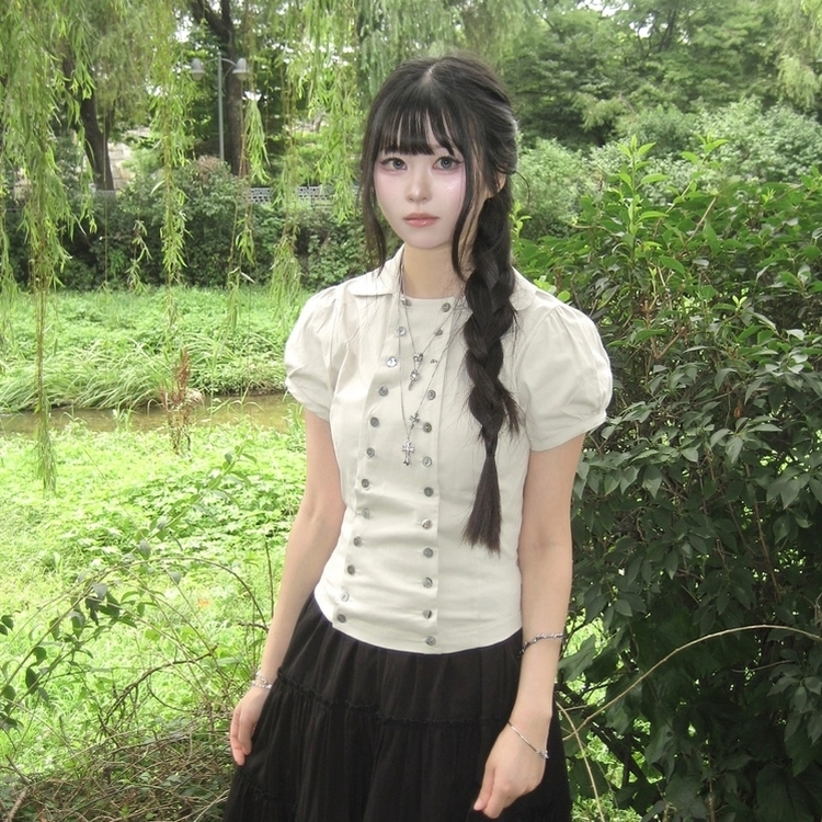 더블버튼 단추 잘록 슬림핏 반팔 티셔츠 블라우스 여행룩 4color 베이지