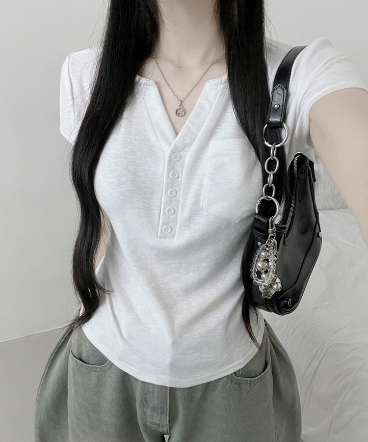 포켓버튼슬라브옆셔링잘록핏크롭반팔티 화이트