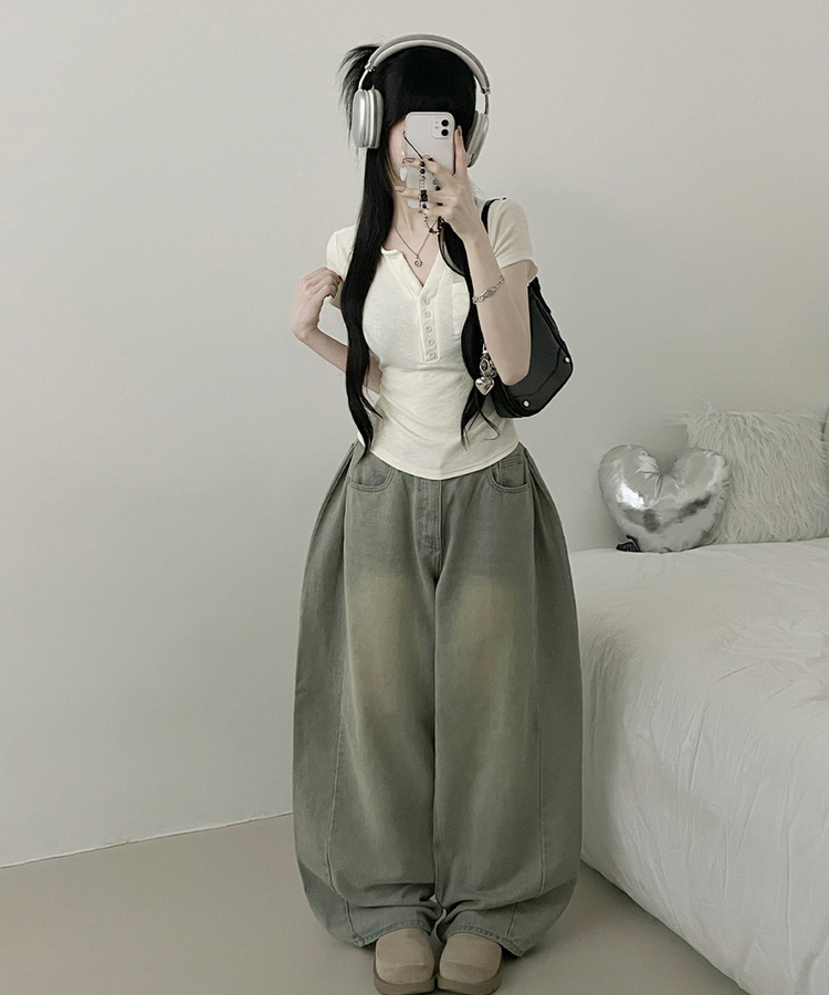 포켓버튼슬라브옆셔링잘록핏크롭반팔티 베이지