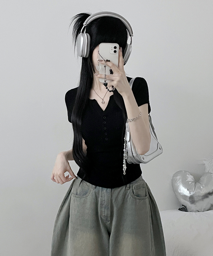 포켓버튼슬라브옆셔링잘록핏크롭반팔티 블랙