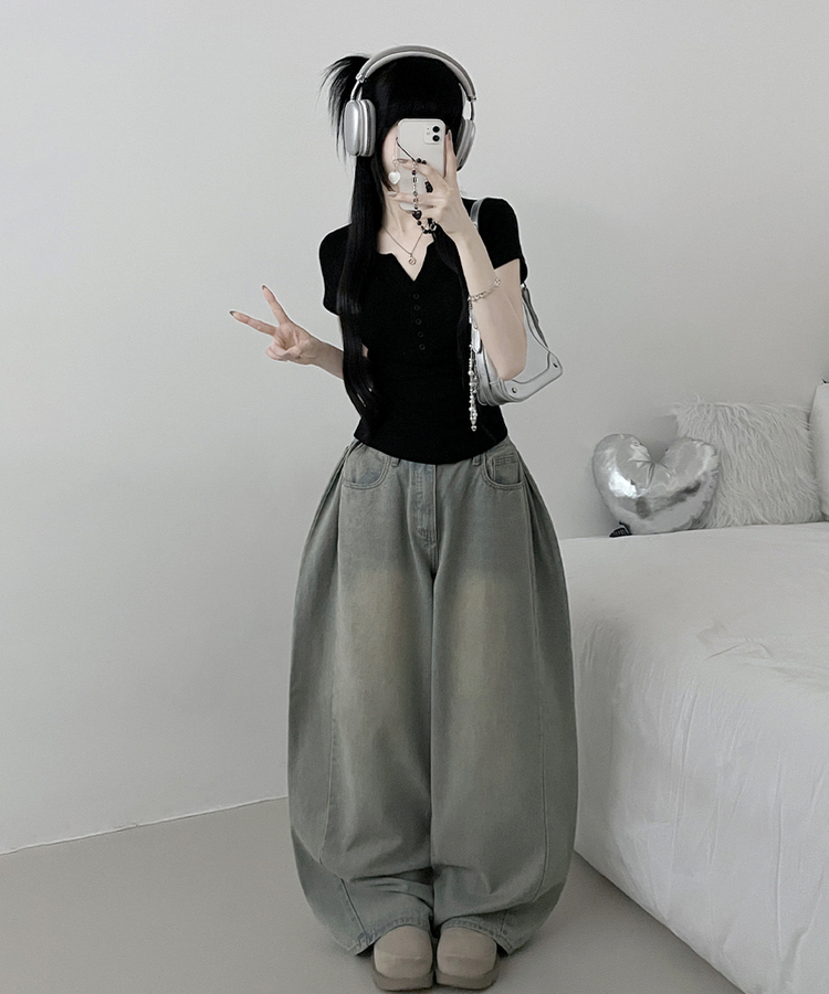 포켓버튼슬라브옆셔링잘록핏크롭반팔티 블랙