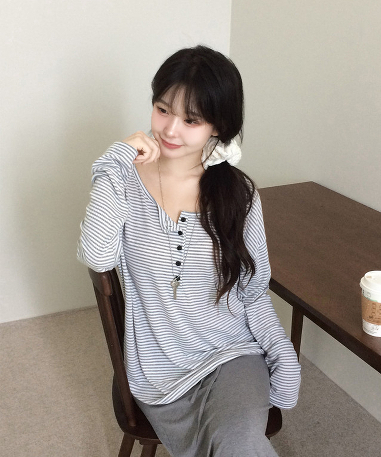 ストライプヘンリーネック長袖Tシャツ｜長袖Tシャツ｜韓国ファッション