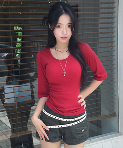딥딥 라운드넥 슬림 7부 티셔츠 레드