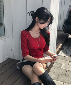 딥딥 라운드넥 슬림 7부 티셔츠 레드