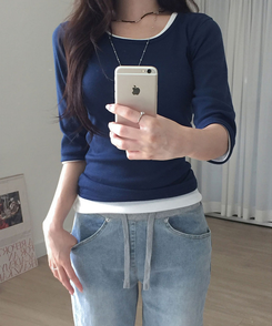 딥딥 라운드넥 슬림 7부 티셔츠 네이비