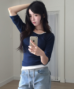 딥딥 라운드넥 슬림 7부 티셔츠 네이비