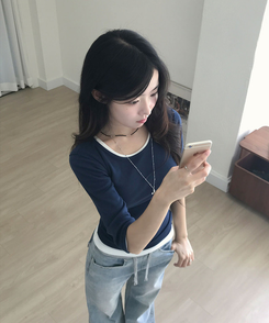 딥딥 라운드넥 슬림 7부 티셔츠 네이비