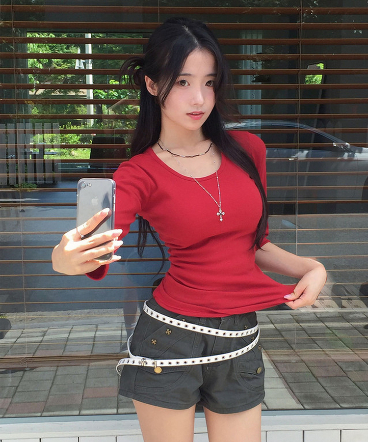 딥딥 라운드넥 슬림 7부 티셔츠 레드