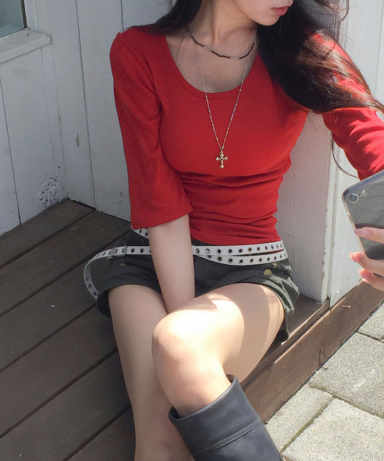 딥딥 라운드넥 슬림 7부 티셔츠 레드