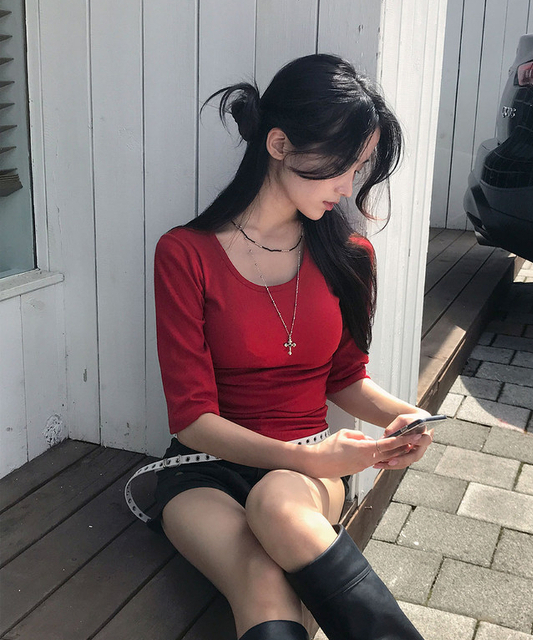딥딥 라운드넥 슬림 7부 티셔츠 레드