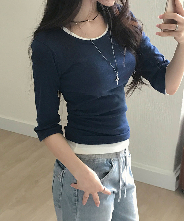 딥딥 라운드넥 슬림 7부 티셔츠 네이비