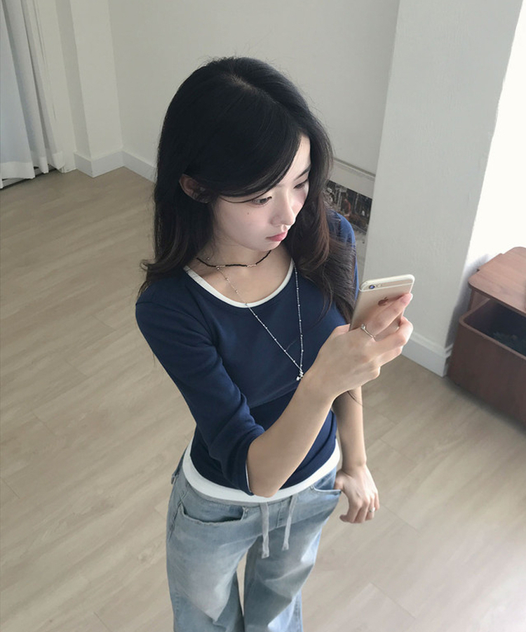 딥딥 라운드넥 슬림 7부 티셔츠 네이비