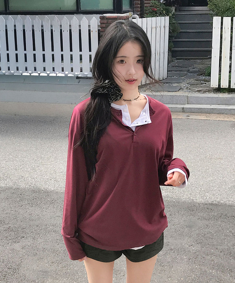 ヘンリーネックルーズ長袖Tシャツ(8color) BURGUNDY