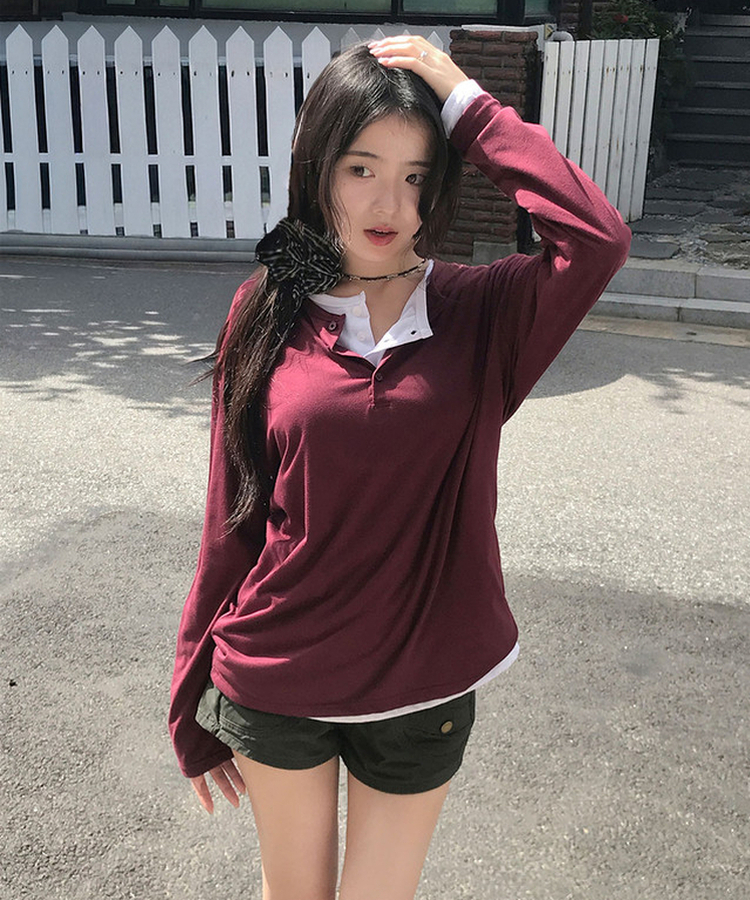 ヘンリーネックルーズ長袖Tシャツ(8color) BURGUNDY
