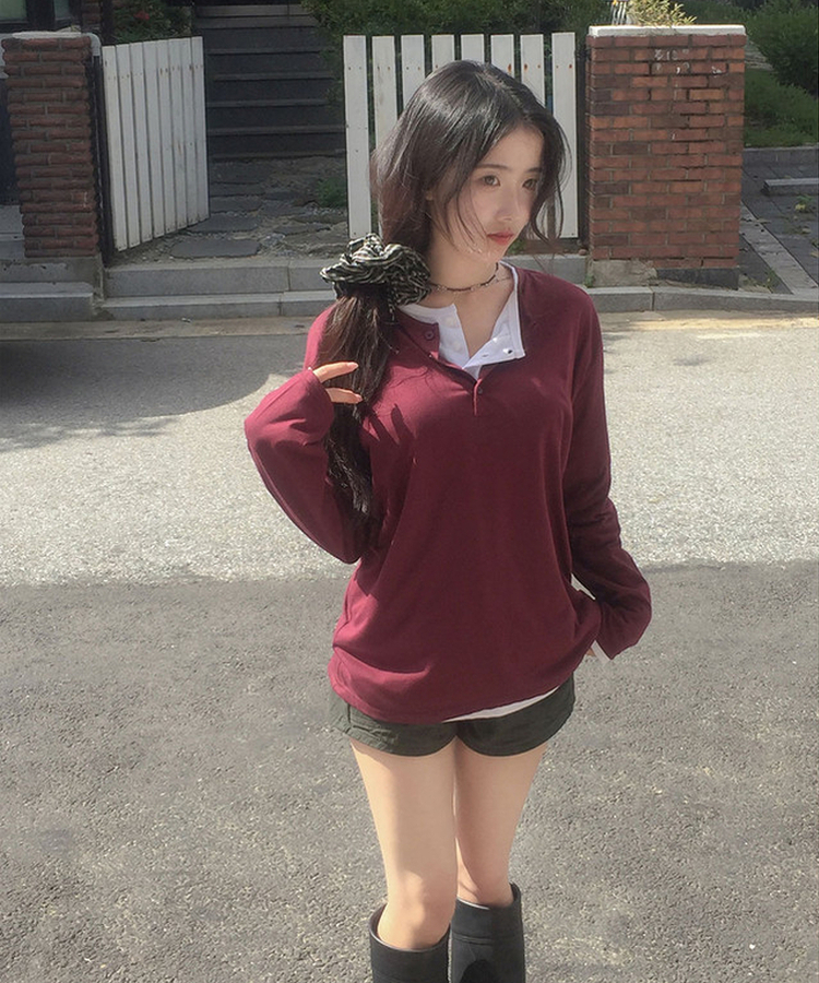 ヘンリーネックルーズ長袖Tシャツ(8color) BURGUNDY
