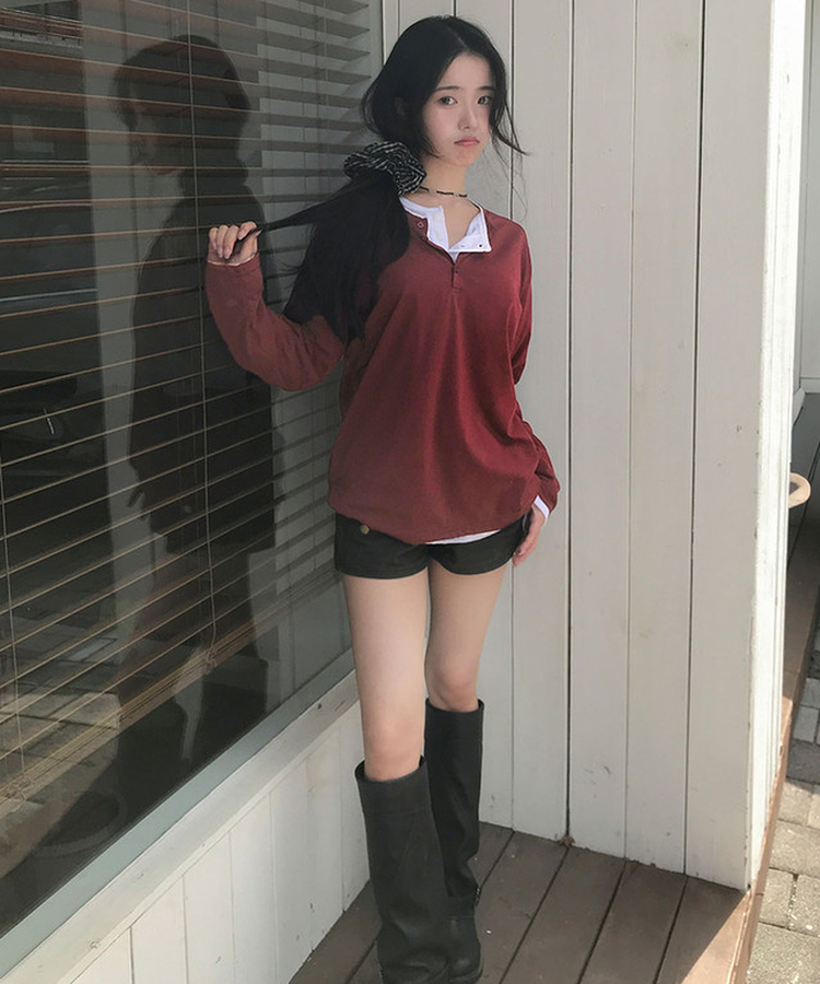 ヘンリーネックルーズ長袖Tシャツ(8color) BURGUNDY
