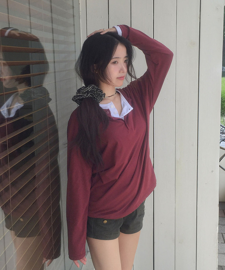 ヘンリーネックルーズ長袖Tシャツ(8color) BURGUNDY