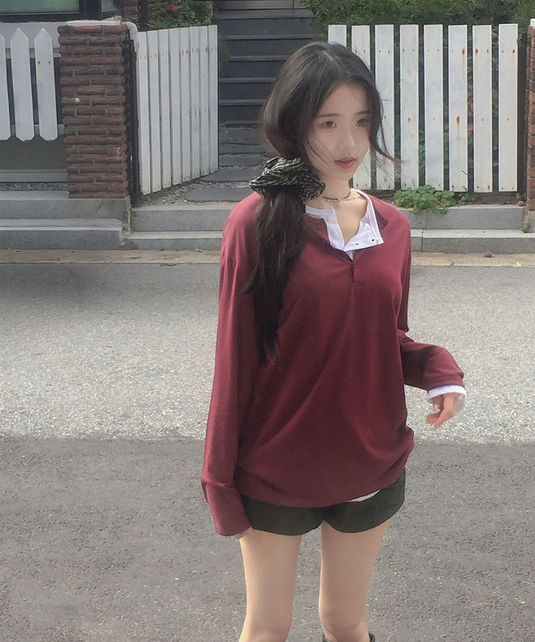 ヘンリーネックルーズ長袖Tシャツ(8color) BURGUNDY