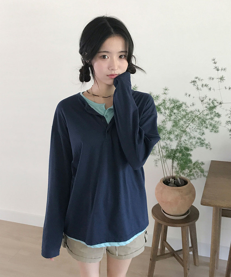 ヘンリーネックルーズ長袖Tシャツ(8color) NAVY