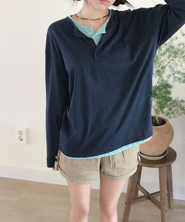 ヘンリーネックルーズ長袖Tシャツ(8color) NAVY