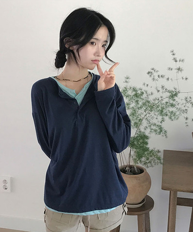 ヘンリーネックルーズ長袖Tシャツ(8color) NAVY