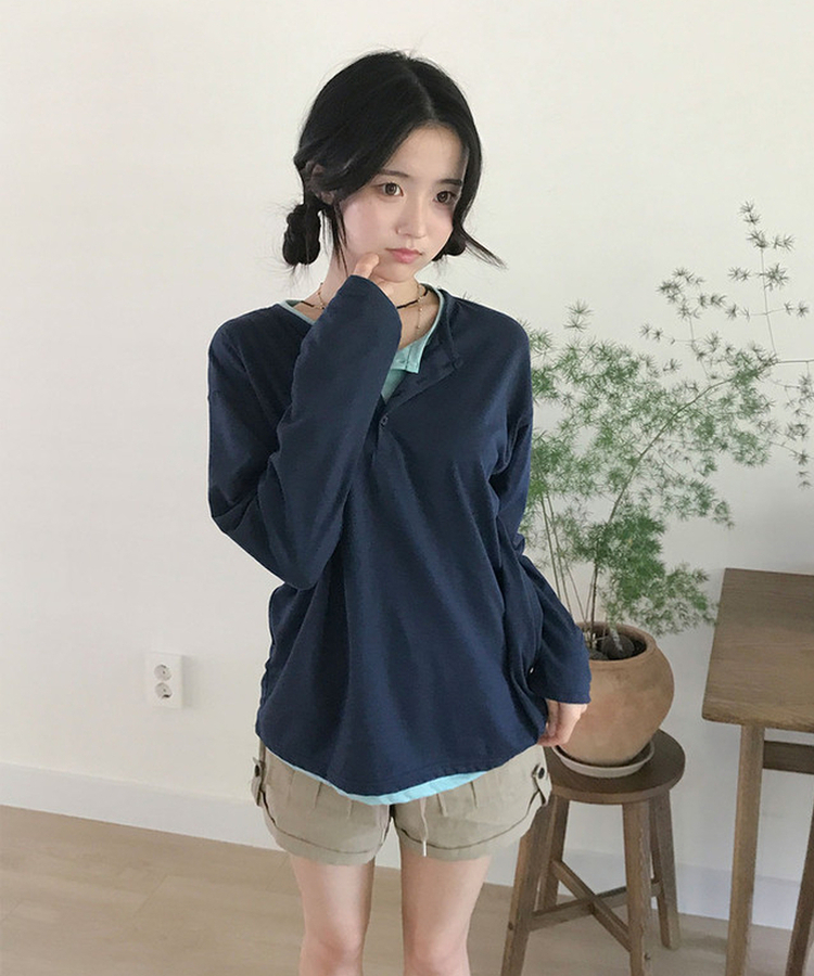 ヘンリーネックルーズ長袖Tシャツ(8color) NAVY